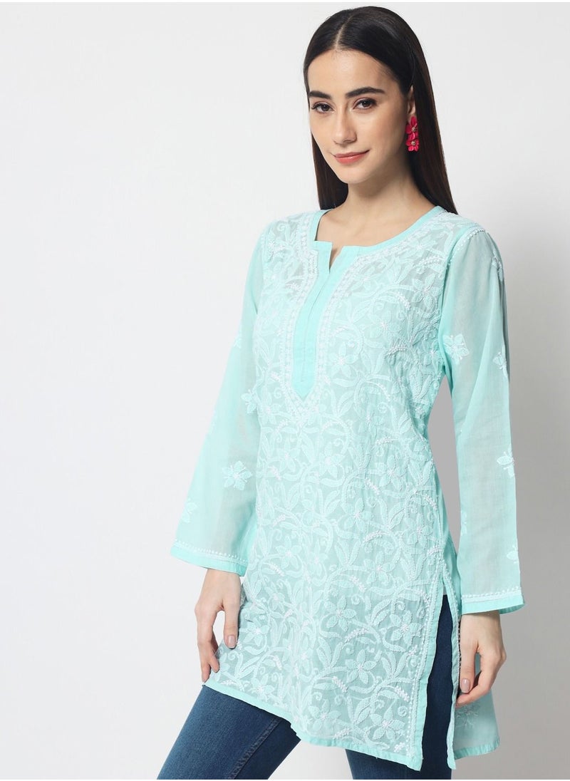Alaya - Hand Embroidered Chikankari Cotton Straight Tunic-AL3591 - Image 1