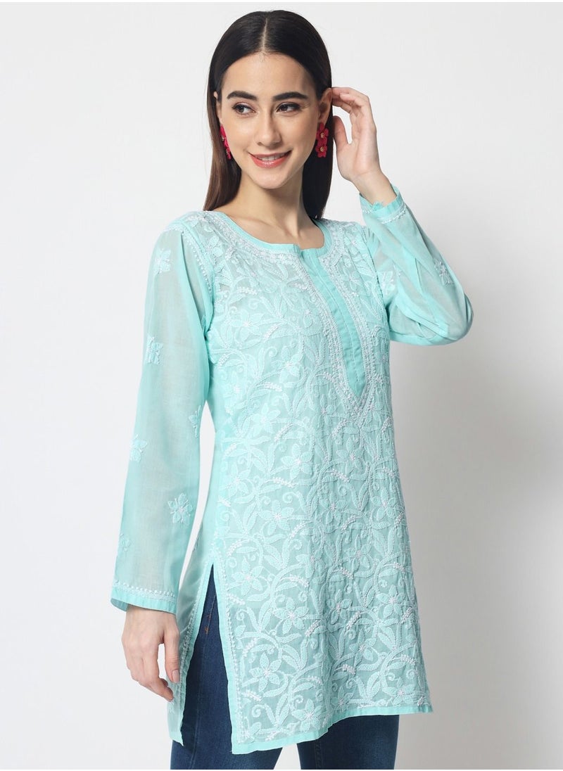Alaya - Hand Embroidered Chikankari Cotton Straight Tunic-AL3591 - Image 1