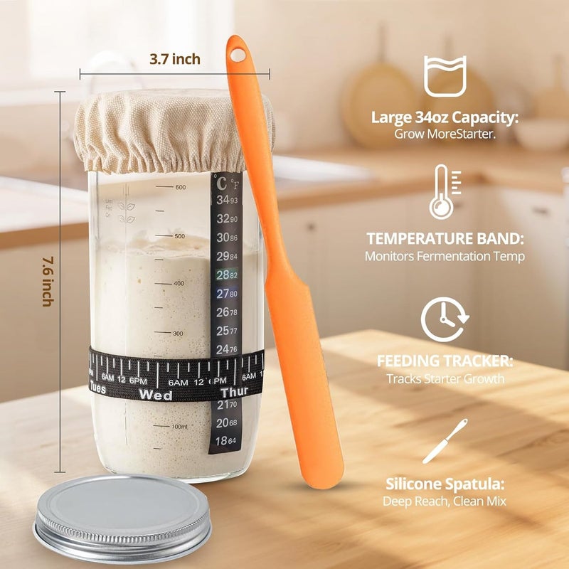 Complete Sourdough Bread Starter Kit with 2 Banneton Proofing Baskets, 34oz Starter Jar, Dough Whisk, Scrapers, Bread Lame, Mat, Sling, Flour Duster & More – Sourdough Tools & Accessories Set - Image 4