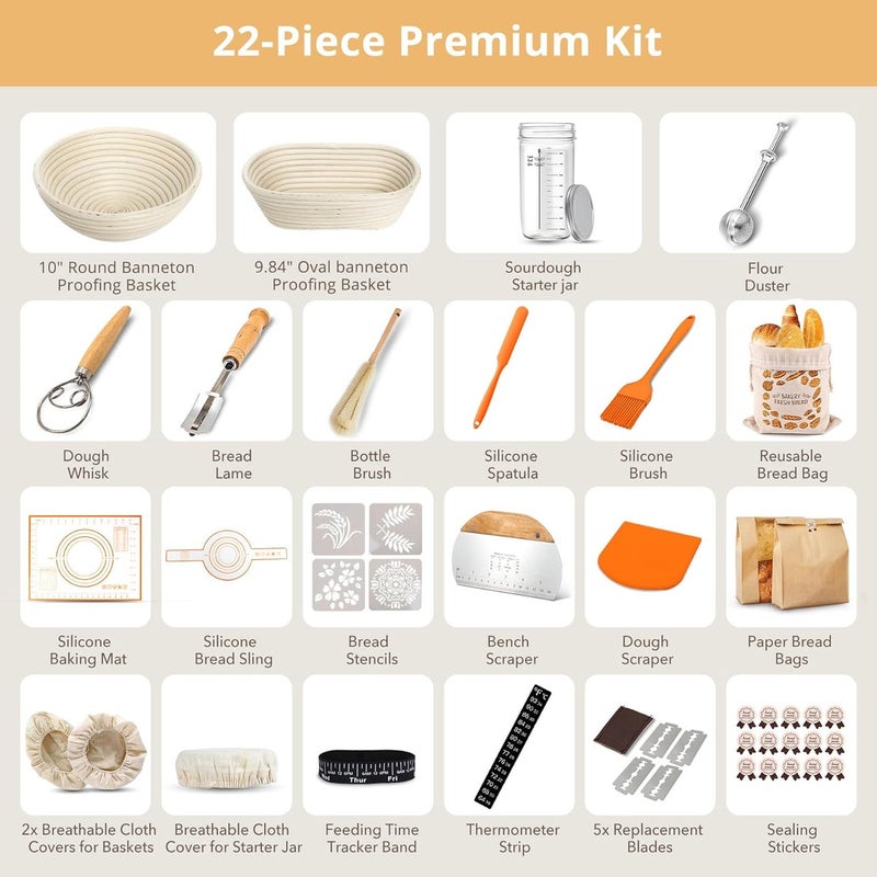 Complete Sourdough Bread Starter Kit with 2 Banneton Proofing Baskets, 34oz Starter Jar, Dough Whisk, Scrapers, Bread Lame, Mat, Sling, Flour Duster & More – Sourdough Tools & Accessories Set - Image 2