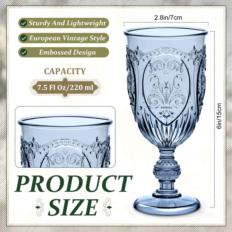 Wiwiqing 48 Pcs Plastic Goblets 7.5oz Vintage Goblet Plastic Wine Glasses Colored Retro Embossed Water Goblets for Wine Bar Juice Baby Shower Wedding Reception Grand Event Party (Blue) - Image 2