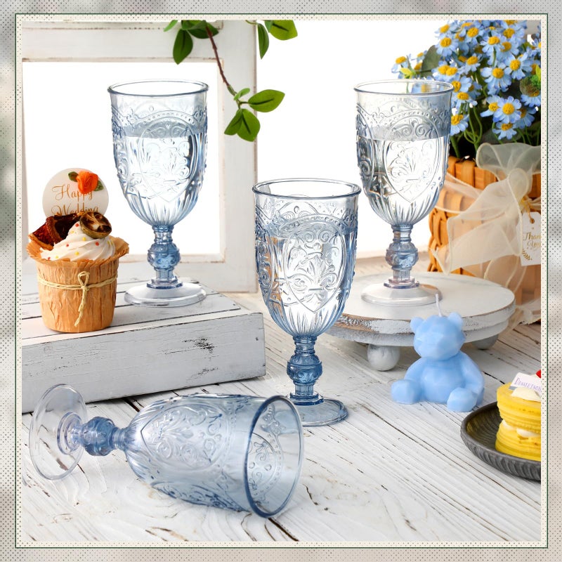 Wiwiqing 48 Pcs Plastic Goblets 7.5oz Vintage Goblet Plastic Wine Glasses Colored Retro Embossed Water Goblets for Wine Bar Juice Baby Shower Wedding Reception Grand Event Party (Blue) - Image 4