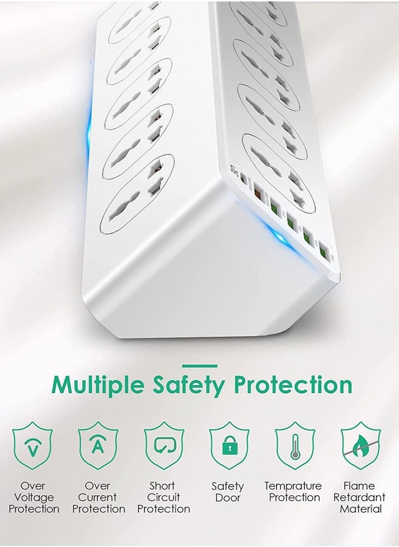 JBQ - 10 Way Power Extension Cord Surge Protector Strip Heavy Duty Universal Electrical Socket 5x USB-A 1x USB-C PD 30W Total 2M Cable - Image 1