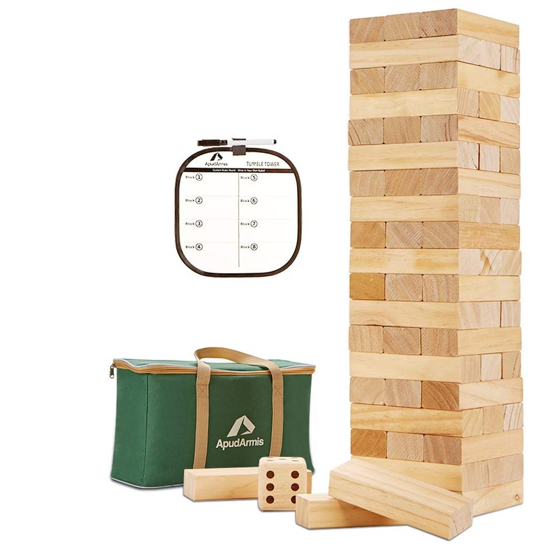 ApudArmis 60 PCS Tumble Tower, (Stack up to 5Ft) Pine Wooden Stacking Timber Game with 1 Dice Set - Classic Block Outdoor Game for Teens Adults Family - Image 1