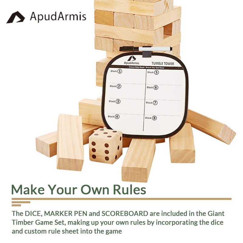 ApudArmis 60 PCS Tumble Tower, (Stack up to 5Ft) Pine Wooden Stacking Timber Game with 1 Dice Set - Classic Block Outdoor Game for Teens Adults Family - Image 4