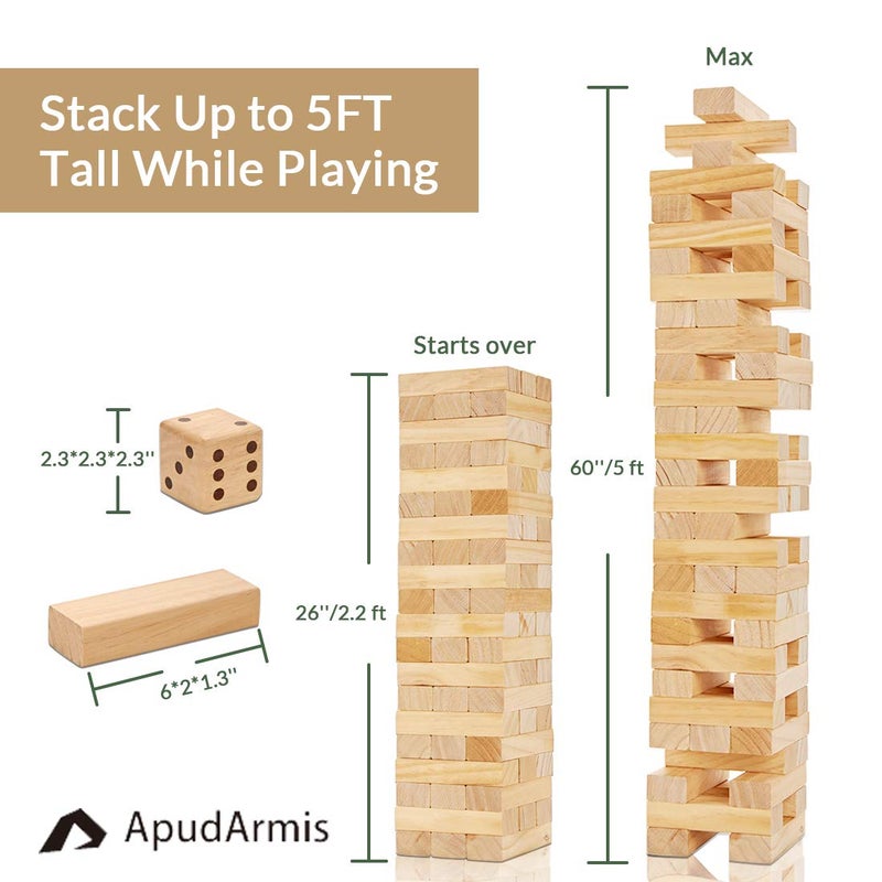 ApudArmis 60 PCS Tumble Tower, (Stack up to 5Ft) Pine Wooden Stacking Timber Game with 1 Dice Set - Classic Block Outdoor Game for Teens Adults Family - Image 3