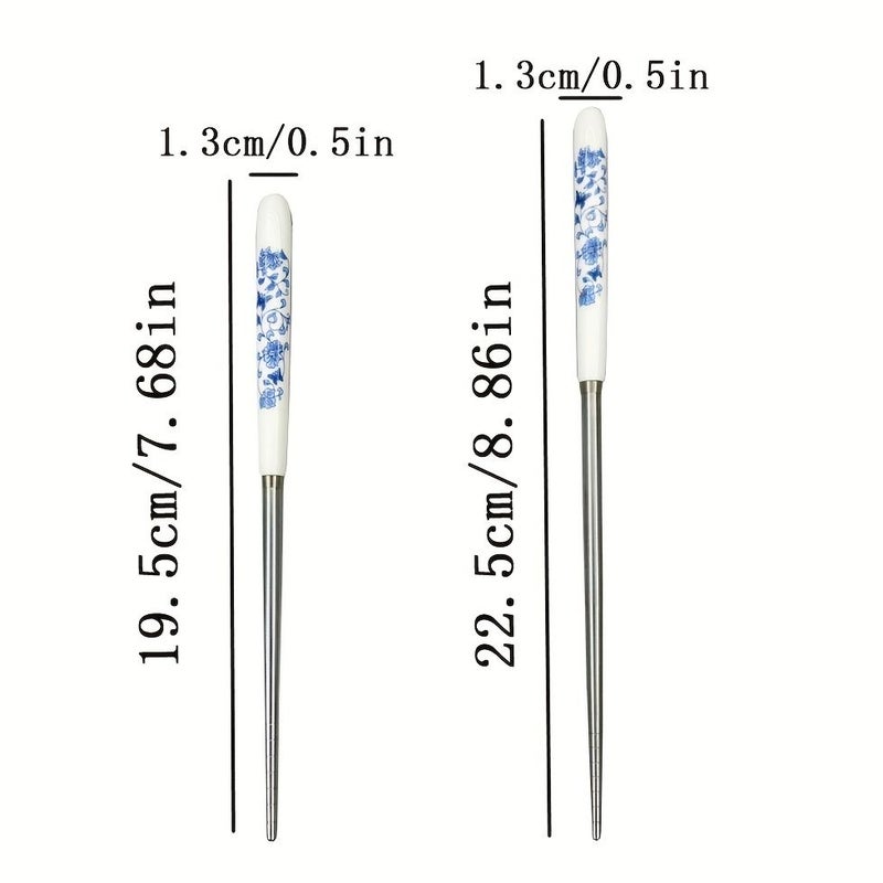 4 10 Pairs Double Ceramic Handle Stainless Steel Chopsticks Chinese Blue And White Pattern Non Slip High Temperature Easy To Clean For Family Dining - Image 2