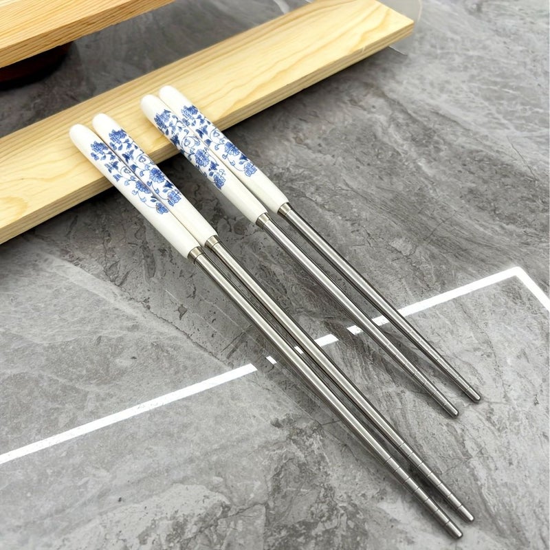 4 10 Pairs Double Ceramic Handle Stainless Steel Chopsticks Chinese Blue And White Pattern Non Slip High Temperature Easy To Clean For Family Dining - Image 3