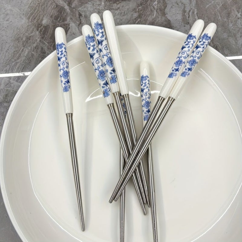 4 10 Pairs Double Ceramic Handle Stainless Steel Chopsticks Chinese Blue And White Pattern Non Slip High Temperature Easy To Clean For Family Dining - Image 1