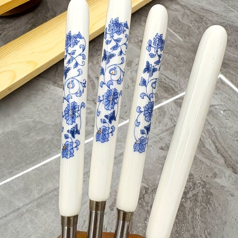 4 10 Pairs Double Ceramic Handle Stainless Steel Chopsticks Chinese Blue And White Pattern Non Slip High Temperature Easy To Clean For Family Dining - Image 4