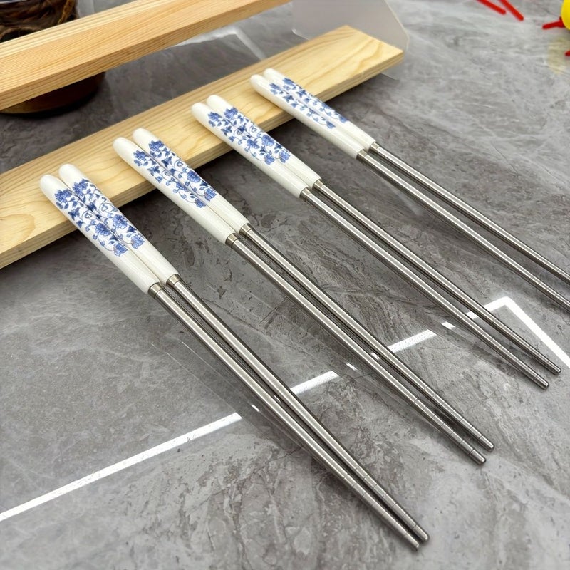 4 10 Pairs Double Ceramic Handle Stainless Steel Chopsticks Chinese Blue And White Pattern Non Slip High Temperature Easy To Clean For Family Dining - Image 5