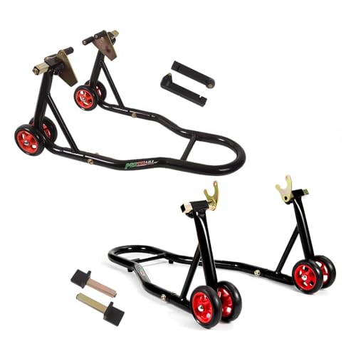 MOTO4U Motorcycle Front & Rear Stand, Front Rear Combo Stand Universal Wheel Lift Stand Swingarm Spool Lift Stand Paddock Stand (Red Wheel) - Image 1