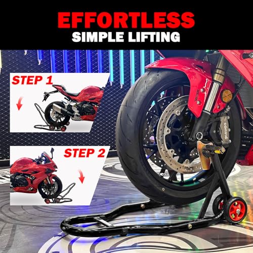 MOTO4U Motorcycle Front & Rear Stand, Front Rear Combo Stand Universal Wheel Lift Stand Swingarm Spool Lift Stand Paddock Stand (Red Wheel) - Image 4