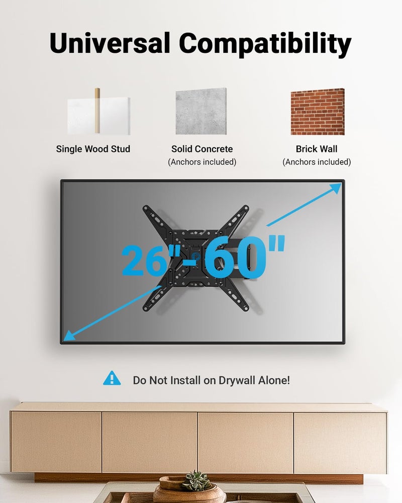 Pipishell TV Wall Mount for Most 26 32 50 55-60 inch TVs, Full Motion TV Mount with Swivel, Tilt & Extension, Single Stud Wall Mount Bracket Holds up to 77 lbs, Max VESA 400x400mm, PIMF11 - Image 2