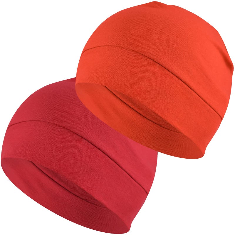 Headshion Cotton Skull Caps for Men Women,2-Pack Lightweight Beanie Sleep Hats Breathable Helmet Liner Red,Orange Red - Image 1