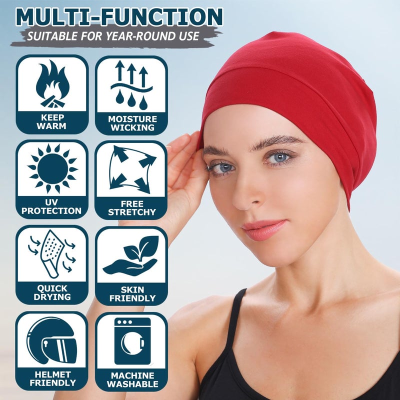 Headshion Cotton Skull Caps for Men Women,2-Pack Lightweight Beanie Sleep Hats Breathable Helmet Liner Red,Orange Red - Image 4