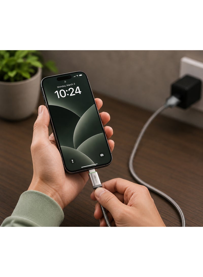 فيفث إيليمنت كابل FIFTH ELEMENT SNAP مغناطيسي بطول 1 متر من USB‑C إلى USB‑C يدعم الشحن السريع بتقنية Power Delivery بقدرة 100 واط مع تصميم نايلون مضفّر ومؤشر LED – اللون الرمادي - Image 4