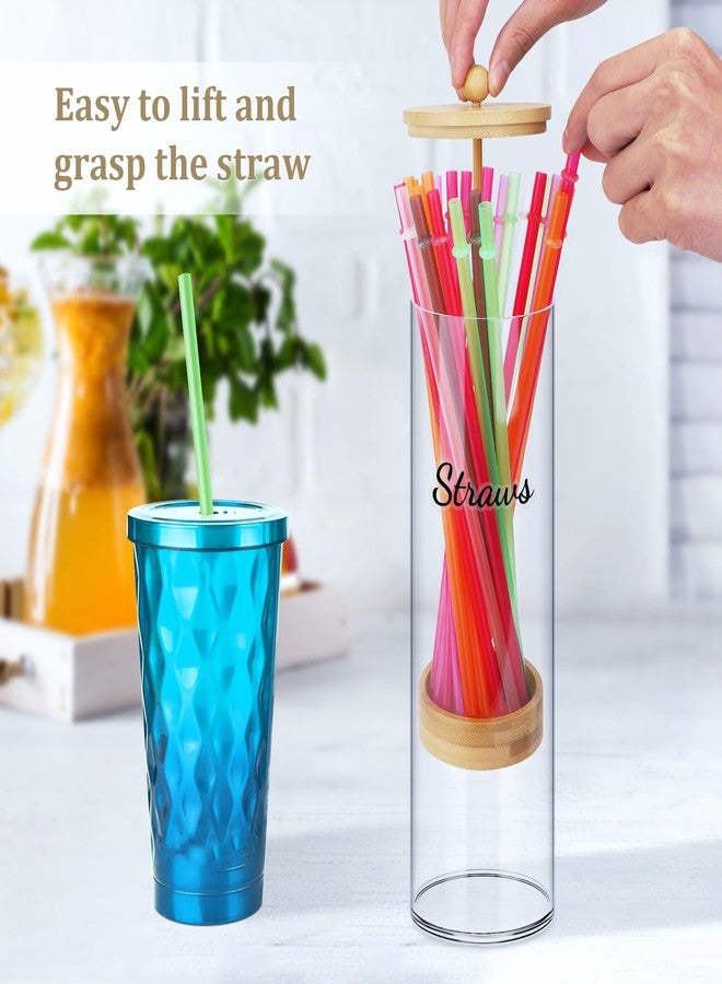 JYPS Acrylic Straw Holder 100 Pcs Colored Straws Includ, 13 Inch Clear Drinking Straw Organizer Container with Bamboo Lid & Sticker for Plastic Straws, Straw Organizer for Kitchen - Image 3