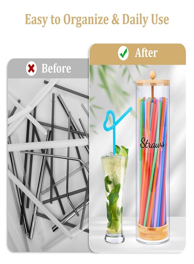 JYPS Acrylic Straw Holder 100 Pcs Colored Straws Includ, 13 Inch Clear Drinking Straw Organizer Container with Bamboo Lid & Sticker for Plastic Straws, Straw Organizer for Kitchen - Image 5
