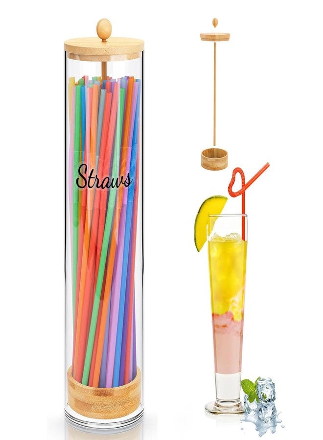 JYPS Acrylic Straw Holder 100 Pcs Colored Straws Includ, 13 Inch Clear Drinking Straw Organizer Container with Bamboo Lid & Sticker for Plastic Straws, Straw Organizer for Kitchen - Image 1