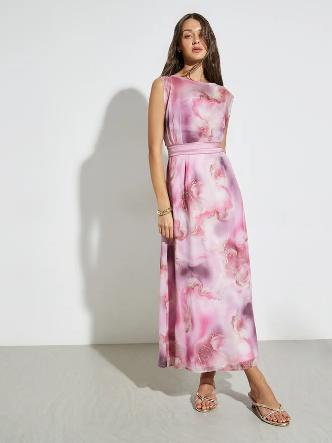 Styli Styli Pink Marble Tie-Dye Print A-Line Maxi Dress