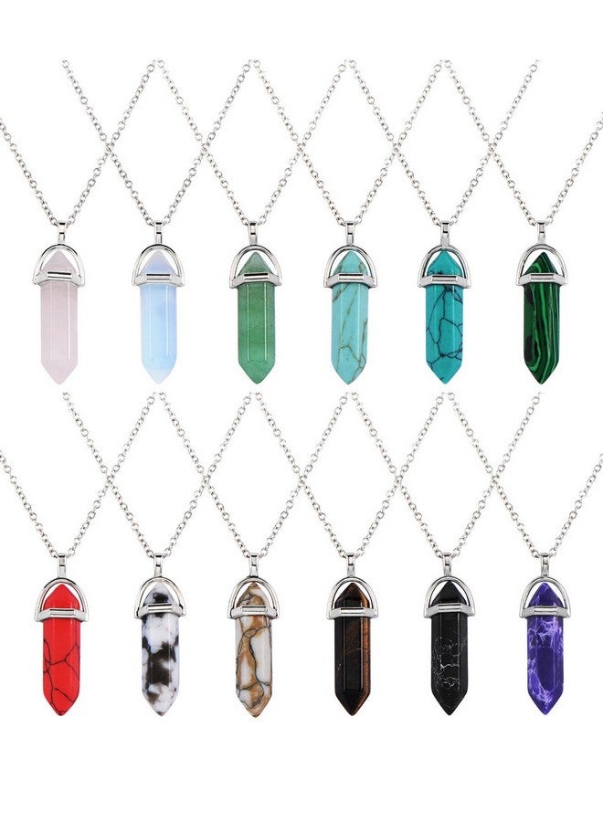 eBoot Womens 12 Pieces Hexagonal Chakra Crystal Bullet Shape Gemstone Pendant Necklaces Pointed Quartz Stone Chain Necklaces Artificial Stone With Storage Bag (Soft Color Set) - Image 1