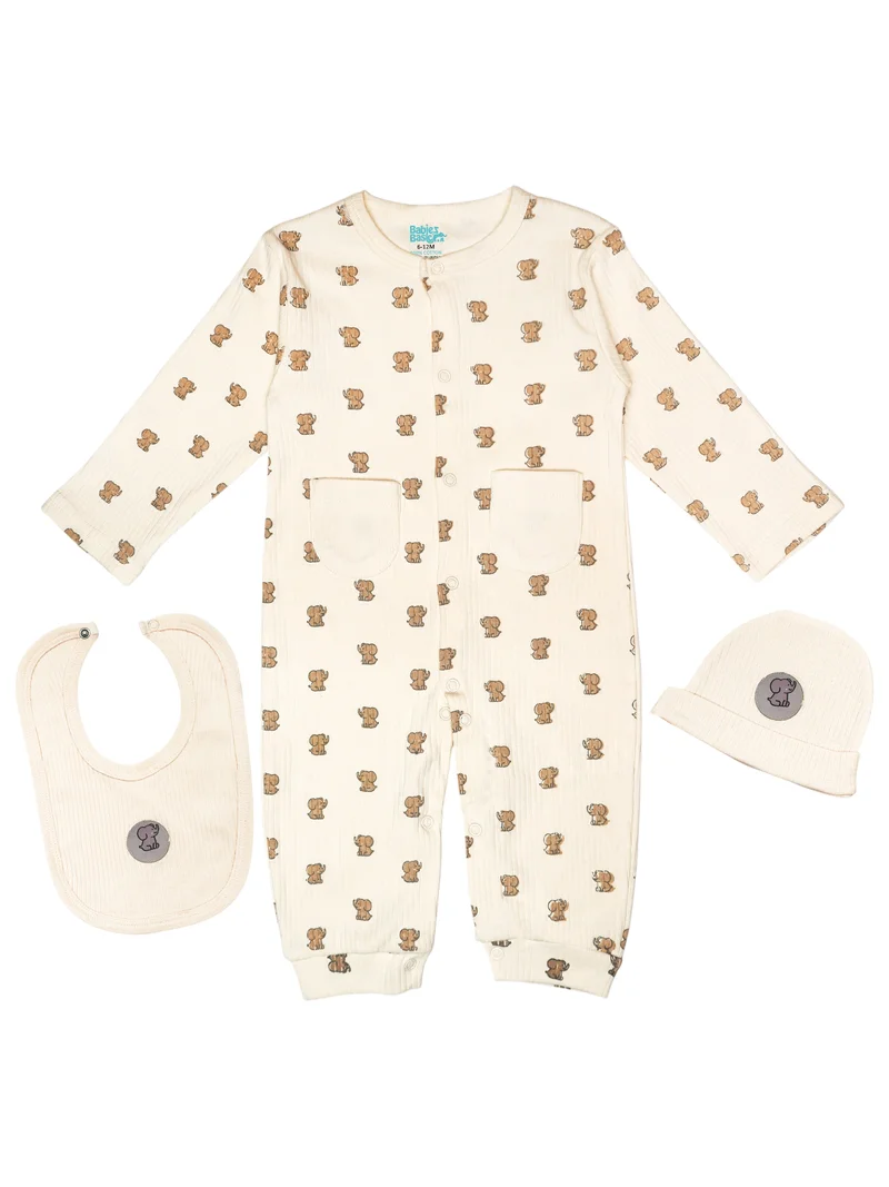 Babies Basic Babies Basic Ribbed Cotton Set with Sleepsuit/Romper, Cap and Bib