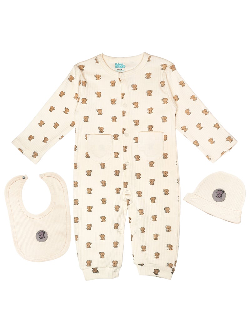 Babies Basic Ribbed Cotton Set with Sleepsuit/Romper, Cap and Bib - Image 1