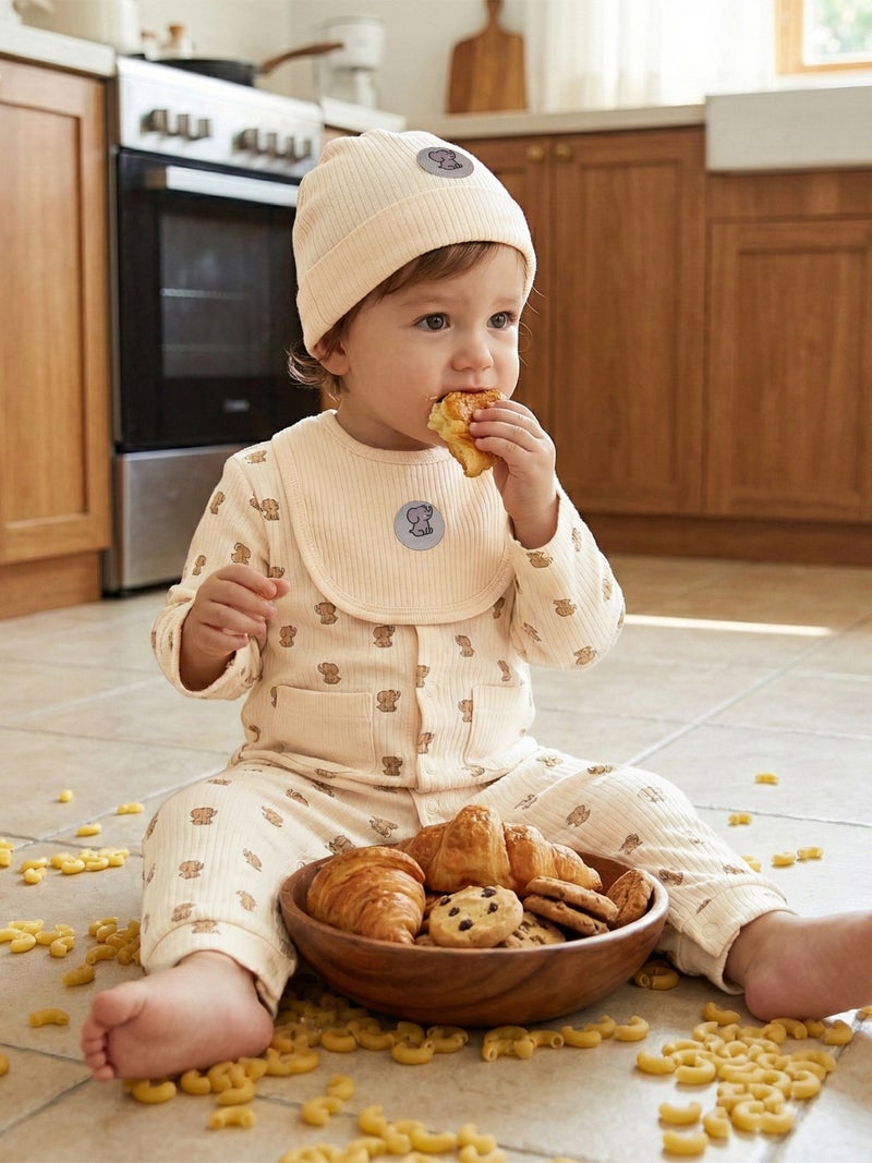 Babies Basic Ribbed Cotton Set with Sleepsuit/Romper, Cap and Bib - Image 3