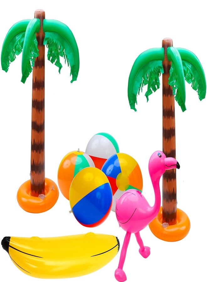 Elcoho 8 Pack Inflatable Luau Party Decorations Includes Inflatable Blow up Palm Trees Banana Beach Balls Flamingo Outdoor Hawaiian Summer Beach Decor PVC Material - Image 1