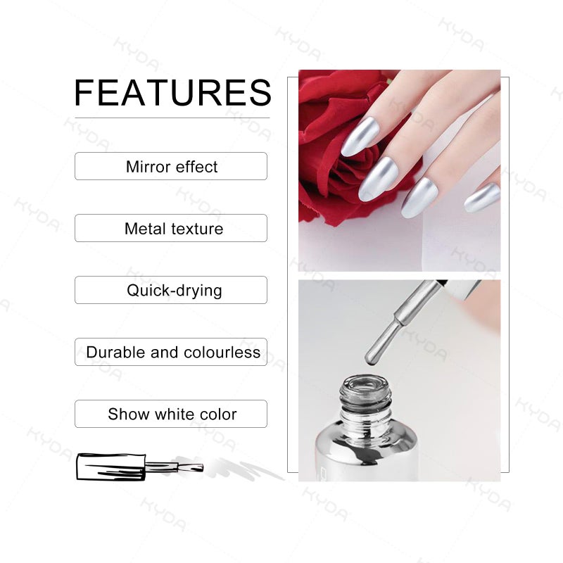 KYDA 18ml Gold Mirror Nail Polish, Bright Glossy Mirror Polish for Nails Art, Longlasting Shine Metallic Effect Nails Art, Gorgeous Reflective Manicure Nail Lacquers-Silver, 0.61 fl oz - Image 5