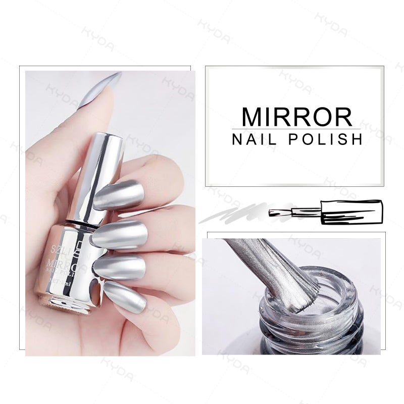 KYDA 18ml Gold Mirror Nail Polish, Bright Glossy Mirror Polish for Nails Art, Longlasting Shine Metallic Effect Nails Art, Gorgeous Reflective Manicure Nail Lacquers-Silver, 0.61 fl oz - Image 2