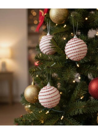 AKDC 3-Piece Gold Christmas Hanging Ball Décor Set – White Glitter & Red Thread Design for Festive Décor