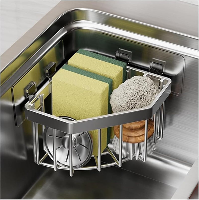 Sink Sponge Holder, Triangle Shower Caddy with Strong Adhesive, Rustproof Metal Sponge and Soap Organizer, Perfect for Small Spaces in Kitchen Sink or Bathroom