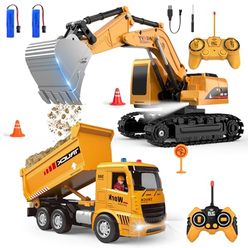 MQDMINI Remote Control Excavator and Dump Truck Toy Set - RC Construction Vehicles Toy with Barricades, Road Signs, Simulated Rocks, Lights and Sounds, Birthday Gifts for Toddlers 3-12 year Boys Girls - Image 1