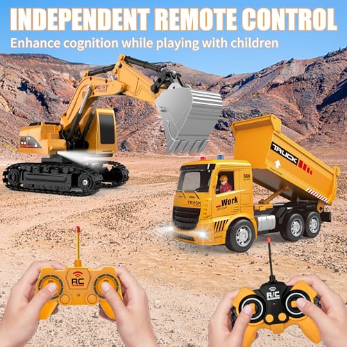 MQDMINI Remote Control Excavator and Dump Truck Toy Set - RC Construction Vehicles Toy with Barricades, Road Signs, Simulated Rocks, Lights and Sounds, Birthday Gifts for Toddlers 3-12 year Boys Girls - Image 3