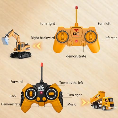 MQDMINI Remote Control Excavator and Dump Truck Toy Set - RC Construction Vehicles Toy with Barricades, Road Signs, Simulated Rocks, Lights and Sounds, Birthday Gifts for Toddlers 3-12 year Boys Girls - Image 4