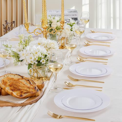 KIRE 120PCS White Plastic Plates - Heavy Duty White Disposable Plates for Party/Wedding - Include 60Pieces 10.25inch White Dinner Plates - 60Pieces 7.5inch White Dessert/Salad Plates - Image 2