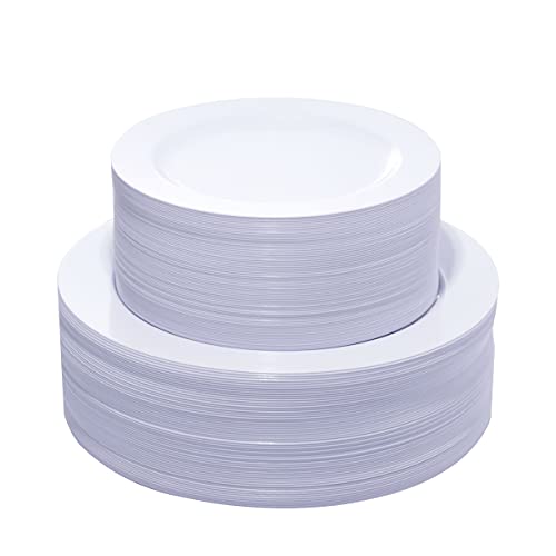 KIRE 120PCS White Plastic Plates - Heavy Duty White Disposable Plates for Party/Wedding - Include 60Pieces 10.25inch White Dinner Plates - 60Pieces 7.5inch White Dessert/Salad Plates - Image 1