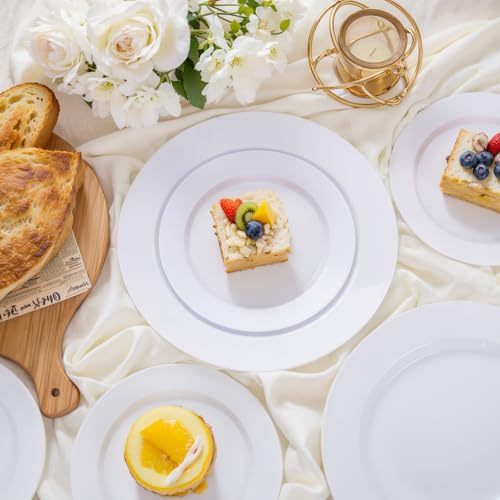 KIRE 120PCS White Plastic Plates - Heavy Duty White Disposable Plates for Party/Wedding - Include 60Pieces 10.25inch White Dinner Plates - 60Pieces 7.5inch White Dessert/Salad Plates - Image 4