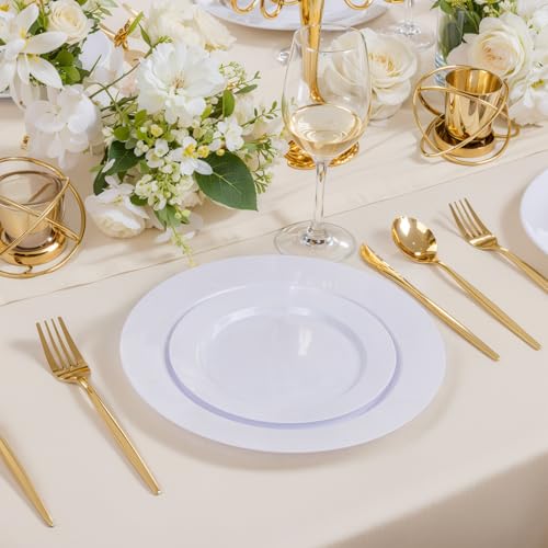 KIRE 120PCS White Plastic Plates - Heavy Duty White Disposable Plates for Party/Wedding - Include 60Pieces 10.25inch White Dinner Plates - 60Pieces 7.5inch White Dessert/Salad Plates - Image 5