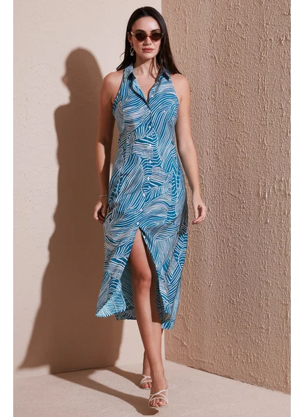 ليلا Patterned Slim Fit Buttoned Midi Length Shirt Dress Women's Dress 6772451