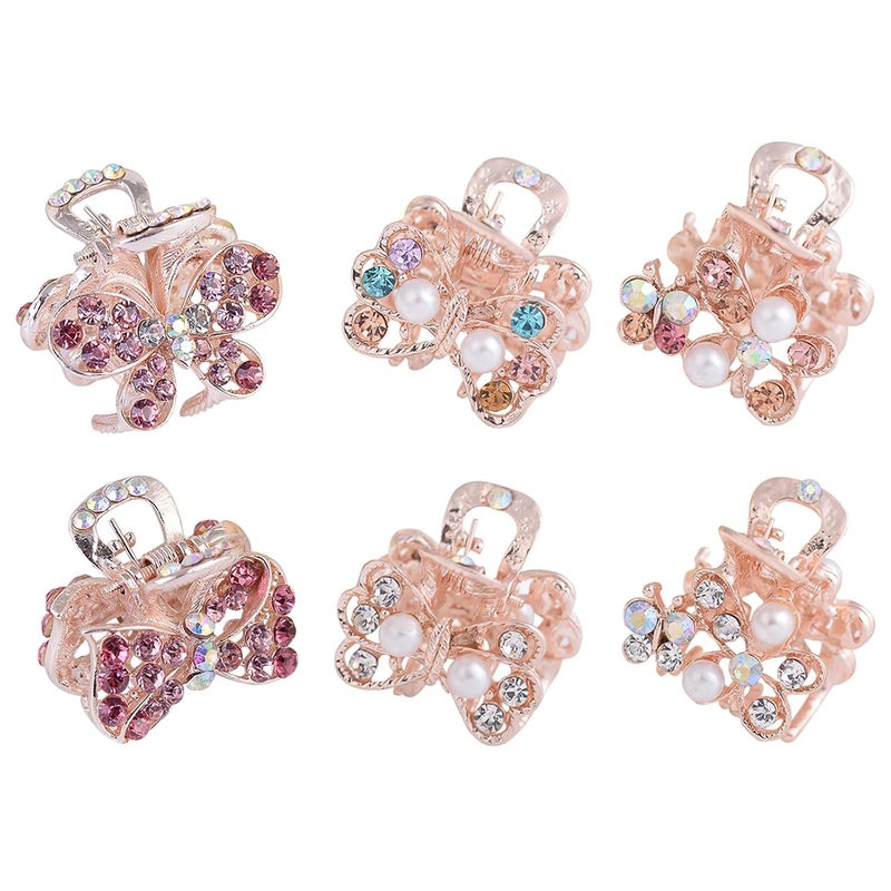 Lurrose 6pcs Rhinestone Small Jaw Claw Pearl Hair Clip Metal Crystal Bow Butterfly Mini Claw Clamps Barrettes for Girls Women