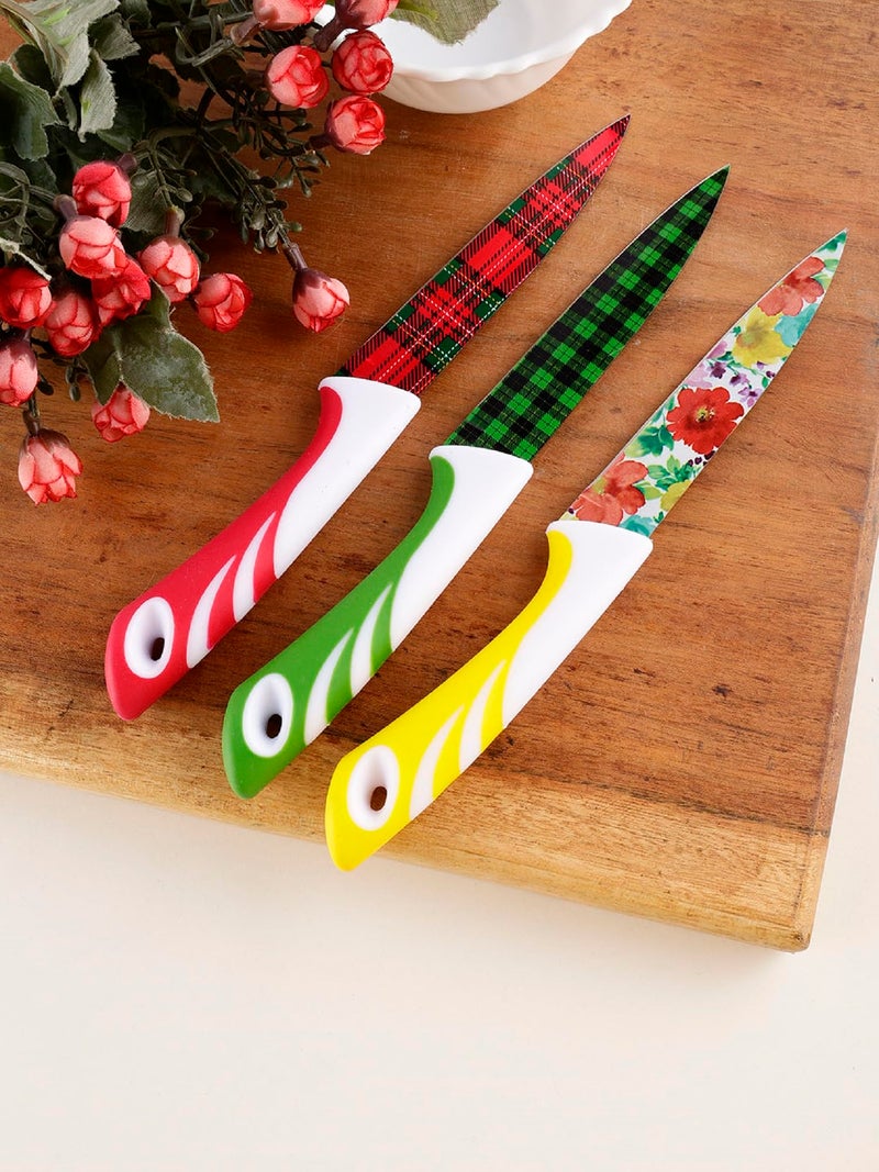 AVMART Pack of 3 Stainless Steel Kitchen Knife Set with Designer Printed Blades & Ergonomic Anti-Slip Handles – Multipurpose Chef, Utility & Vegetable Cutting Knives for Home & Kitchen - Image 1