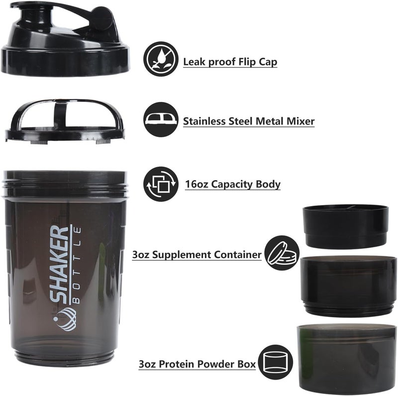VIGIND Protein Shaker Bottle,Sports Water Bottle,Leak Proof Shake Bottle For Protein Mixer- Non Slip 3 Layer Twist Off 3oz Cups with Pill Tray - Protein Powder 16 oz Shake Cup with Storage,Black - Image 3