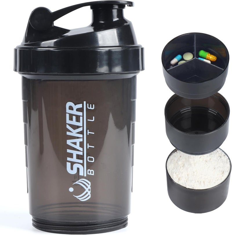 VIGIND Protein Shaker Bottle,Sports Water Bottle,Leak Proof Shake Bottle For Protein Mixer- Non Slip 3 Layer Twist Off 3oz Cups with Pill Tray - Protein Powder 16 oz Shake Cup with Storage,Black - Image 1