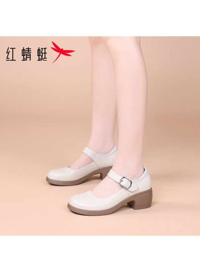 Red Dragonfly Women's Breathable Leather Mary Jane Shoes With Velcro, Chunky Heel, Low-cut Flats Wtb234172 Off-white Size 35