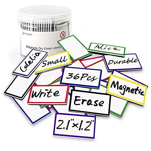 ZHIDIAN 36Pcs Magnetic Name Tags Small Thick Dry Erase Magnet Labels Writable Wipable Mini Magnetic Tapes Strips for Classroom Office Calendar Whiteboards Shelf Garage Fridge, 2.1x1.2 - Image 1