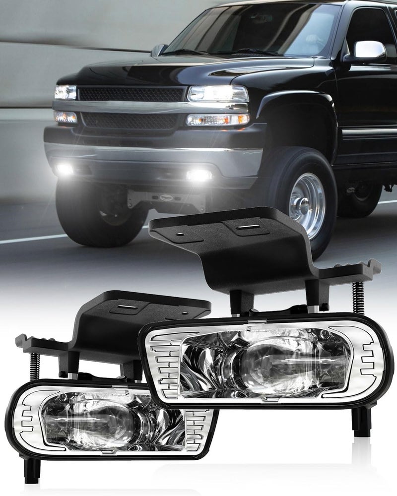 4X4FLSTC LED Fog Lights Replacement Fog Lamps Driving lights Compatible with Chevy Silverado 1999-2002, Suburban 2000-2006, Tahoe 2000-2006 DOT Approved Clear Lens - Chrome - Image 1