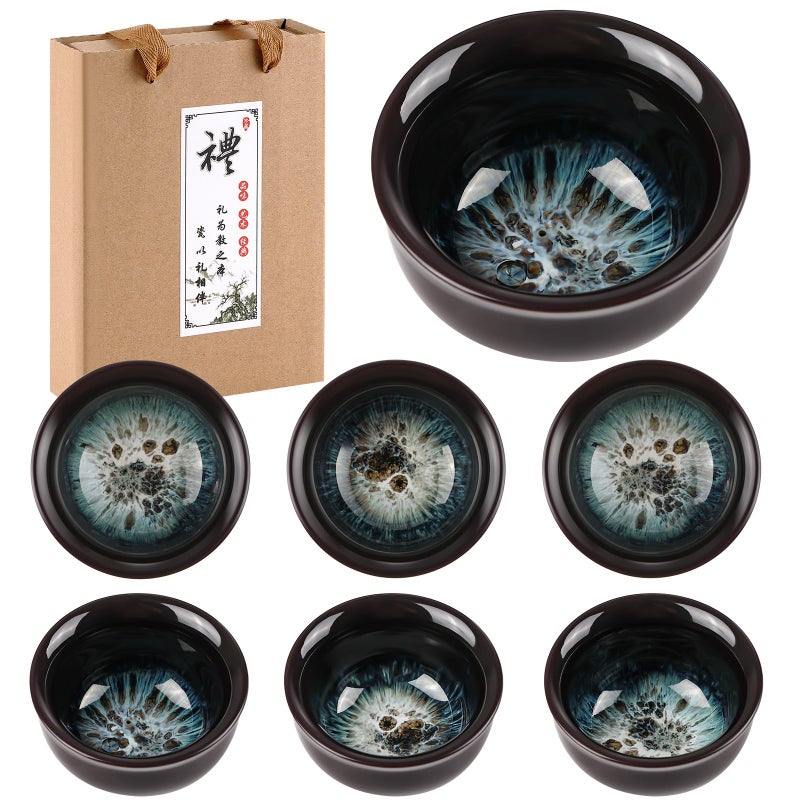 Skyley 6 Pieces Korean Soju Shot Glasses Sets Porcelain Cups Korean Ceramic Cups Tea Accessories Drinkware, Handcrafted Ceramic(Dark Brown,Sand Gold Pattern) - Image 1